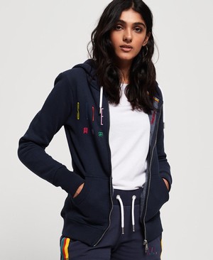 Superdry Carly Carnival Embroidered Cipzár Női Kapucnis Pulóver Kék | MJTBD0289